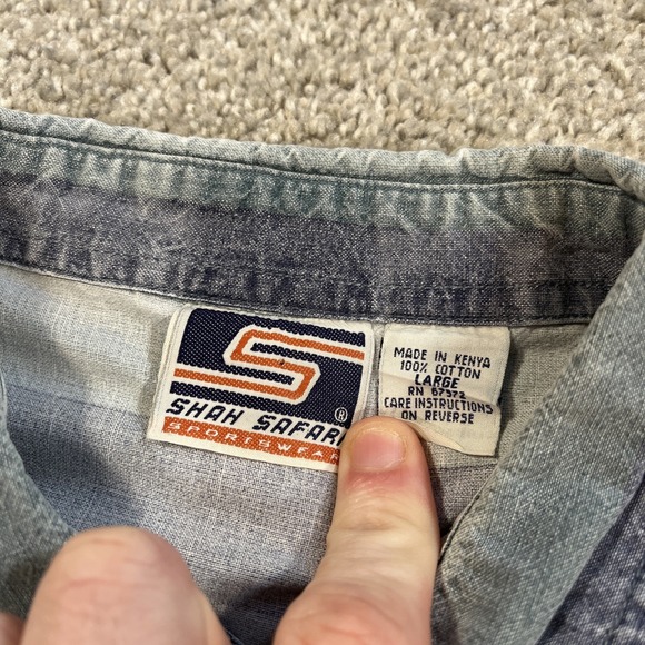 VTG Shah Safari Denim Shirt L Blue Green Striped Short Sleeve Button Up 90s - Picture 2 of 8